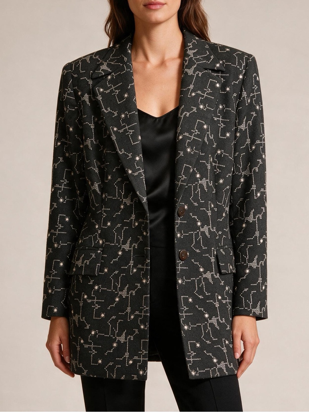Vintage Escada Black Patterned Longline Blazer with silver thread design